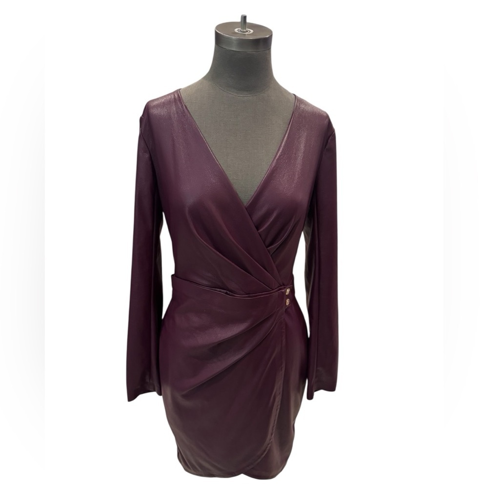 GUESS Faux Leather Wrap Mini Dress Plum Long Sleeve Size Medium